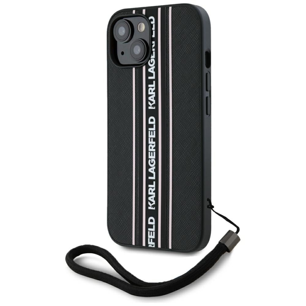 Θήκη για Apple iPhone 15, Karl Lagerfeld, Saffiano Athleisure Stripes with Strap, Ροζ