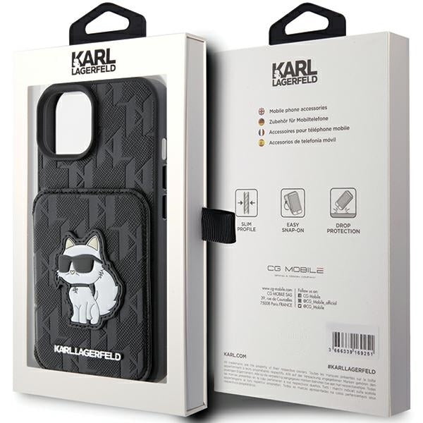 Case for Apple iPhone 15, Karl Lagerfeld, Saffiano Cardslots and Stand Monogram Choupette, Black