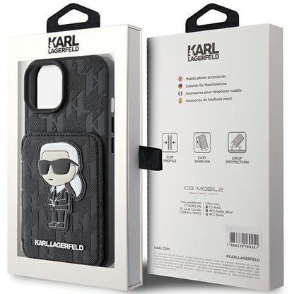Case for Apple iPhone 15, Karl Lagerfeld, Saffiano Cardslots and Stand Monogram Ikonik Karl, Black