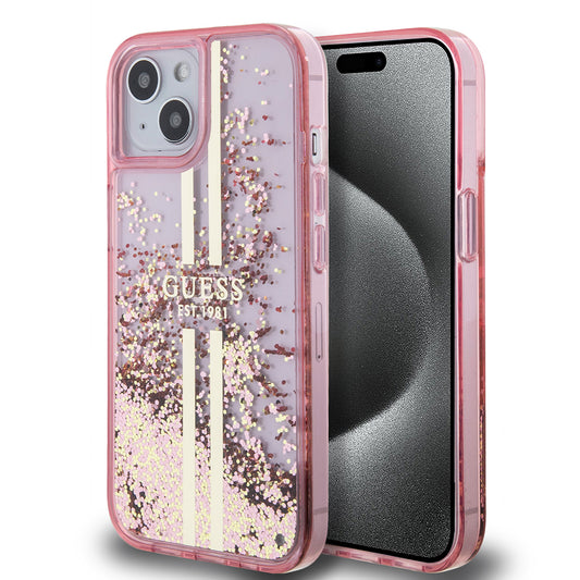 Θήκη για Apple iPhone 15 Plus, Guess, Liquid Glitter Gold Stripes, Ροζ