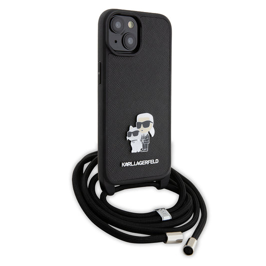 Θήκη για Apple iPhone 15 Plus, Karl Lagerfeld, Saffiano Crossbody Metal Pin Karl & Choupette, Μαύρη