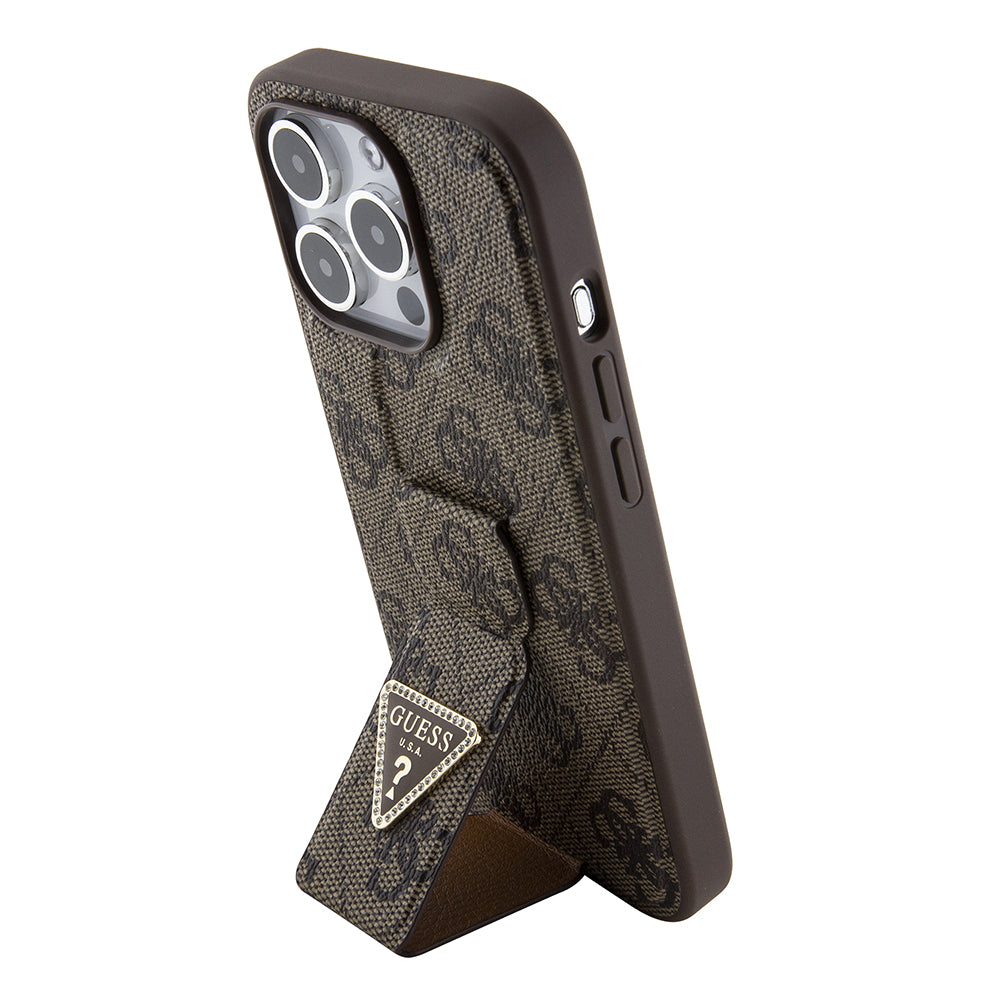 Θήκη για Apple iPhone 15 Pro, Guess, Grip Stand 4G Triangle Strass, Καφέ