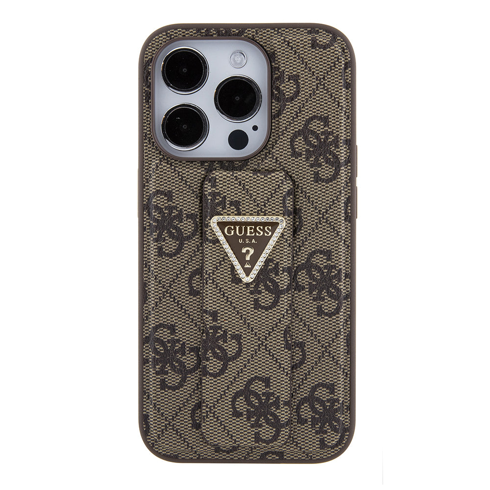 Θήκη για Apple iPhone 15 Pro, Guess, Grip Stand 4G Triangle Strass, Καφέ