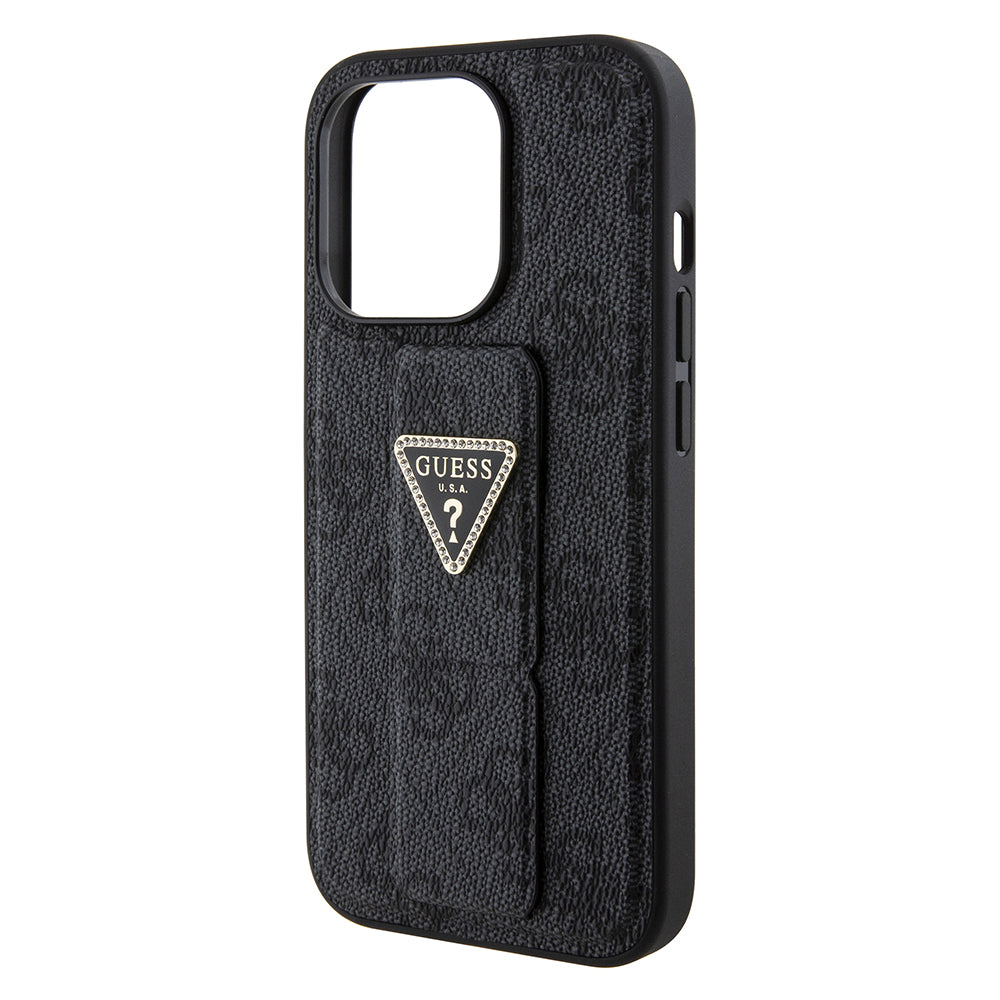 Θήκη για Apple iPhone 15 Pro, Guess, Grip Stand 4G Triangle Strass, Μαύρη