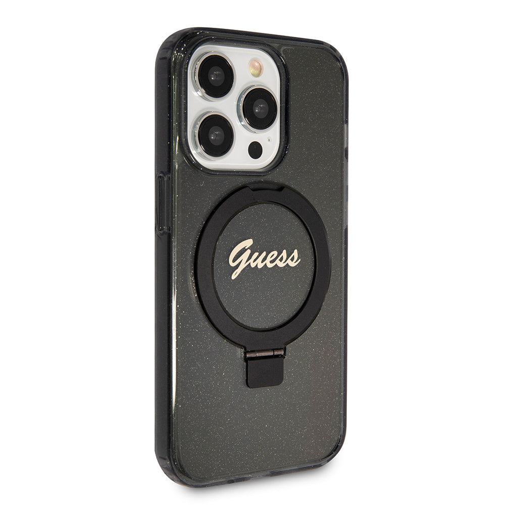 MagSafe Case for Apple iPhone 15 Pro, Guess, IML Ring Stand Glitter, Black