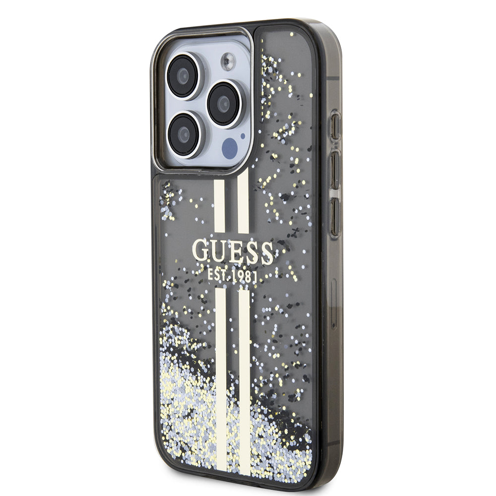 Θήκη για Apple iPhone 15 Pro, Guess, Liquid Glitter Gold Stripe, Μαύρη
