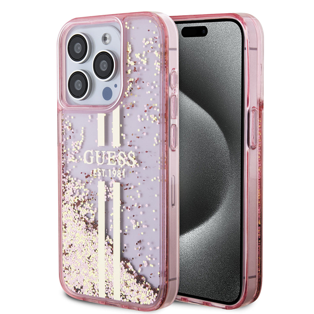 Θήκη για Apple iPhone 15 Pro, Guess, Liquid Glitter Gold Stripes, Ροζ