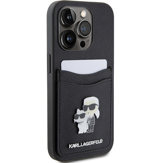 Θήκη για Apple iPhone 15 Pro, Karl Lagerfeld, Saffiano Card Slot Metal Karl & Choupette, Μαύρη