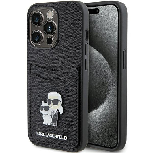 Θήκη για Apple iPhone 15 Pro, Karl Lagerfeld, Saffiano Card Slot Metal Karl & Choupette, Μαύρη
