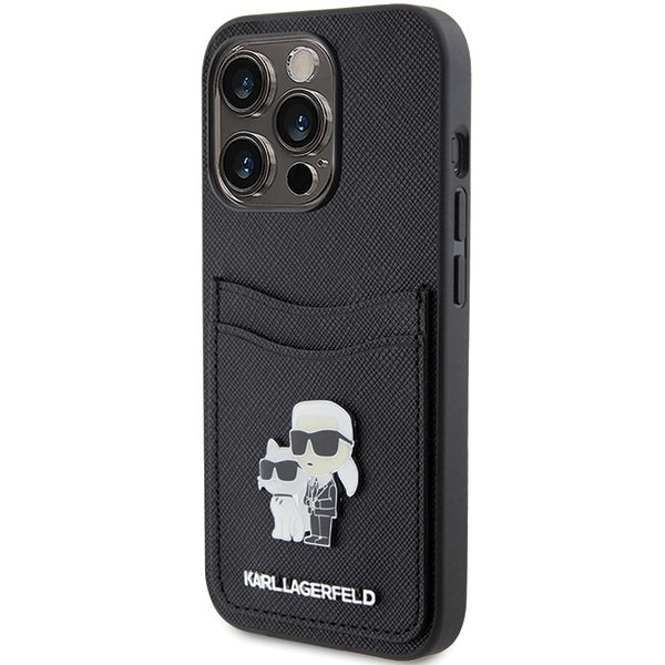 Case for Apple iPhone 15 Pro, Karl Lagerfeld, Saffiano Card Slot Metal Karl & Choupette, Black