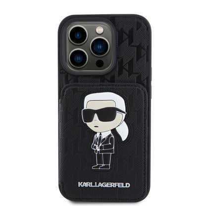 Θήκη για Apple iPhone 15 Pro, Karl Lagerfeld, Saffiano Cardslots and Stand Monogram Ikonik Karl, Μαύρη