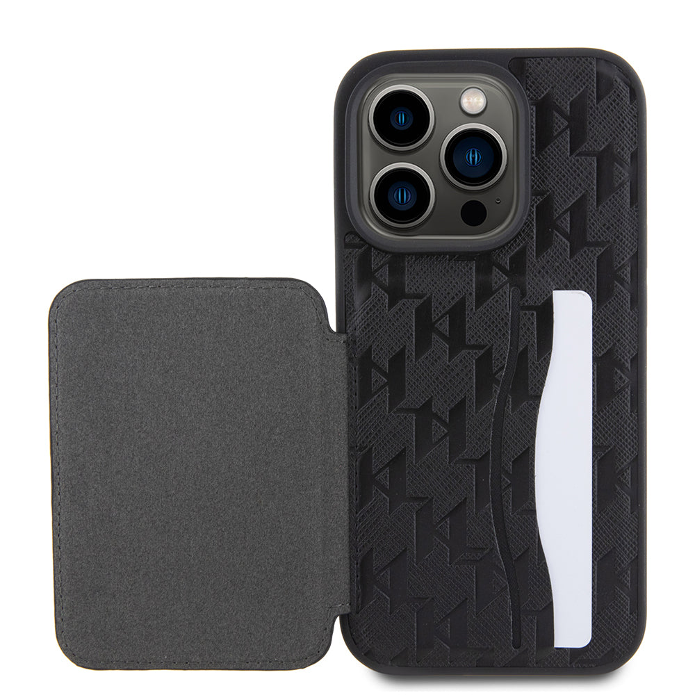 Θήκη για Apple iPhone 15 Pro, Karl Lagerfeld, Saffiano Cardslots and Stand Monogram Ikonik Karl, Μαύρη