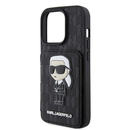 Θήκη για Apple iPhone 15 Pro, Karl Lagerfeld, Saffiano Cardslots and Stand Monogram Ikonik Karl, Μαύρη