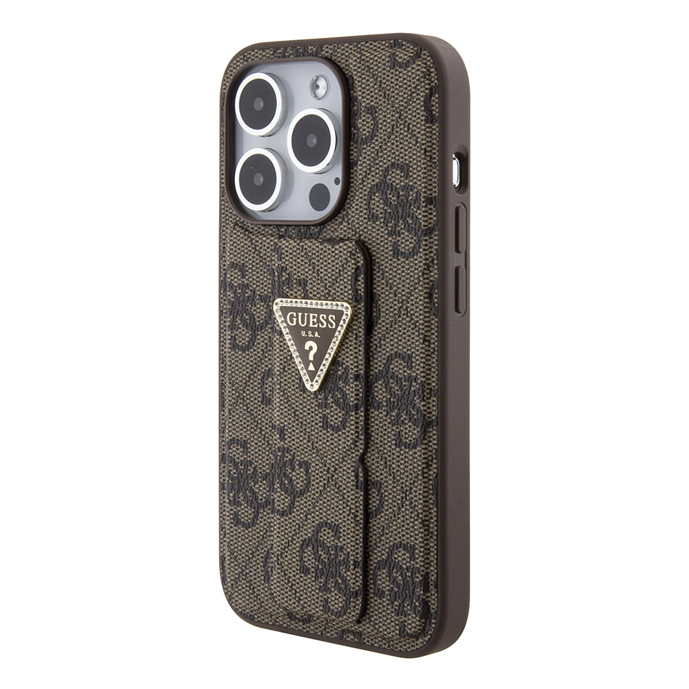 Θήκη για Apple iPhone 15 Pro Max, Guess, Grip Stand 4G Triangle Strass, Καφέ