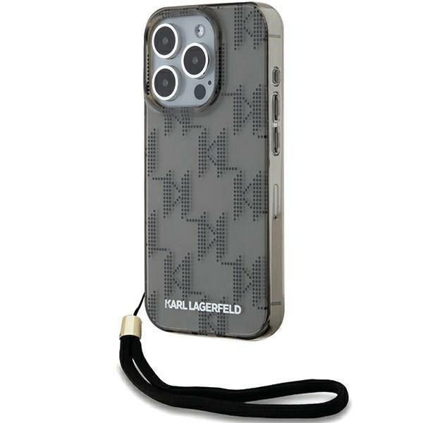 Case for Apple iPhone 15 Pro Max, Karl Lagerfeld, IML Luxury Monogram KL Pattern with Strap, Black