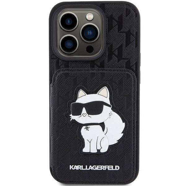 Case for Apple iPhone 15 Pro Max, Karl Lagerfeld, Saffiano Cardslots and Stand Monogram Choupette, Black