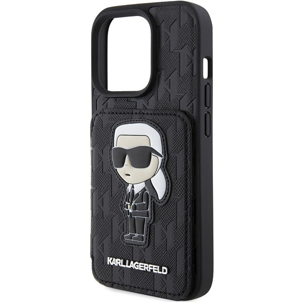 Θήκη για Apple iPhone 15 Pro Max, Karl Lagerfeld, Saffiano Cardslots and Stand Monogram Ikonik Karl, Μαύρη