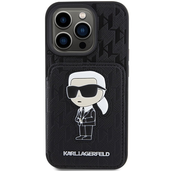 Θήκη για Apple iPhone 15 Pro Max, Karl Lagerfeld, Saffiano Cardslots and Stand Monogram Ikonik Karl, Μαύρη