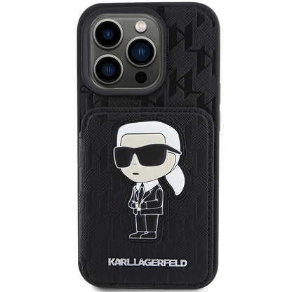 Θήκη για Apple iPhone 15 Pro Max, Karl Lagerfeld, Saffiano Cardslots and Stand Monogram Ikonik Karl, Μαύρη
