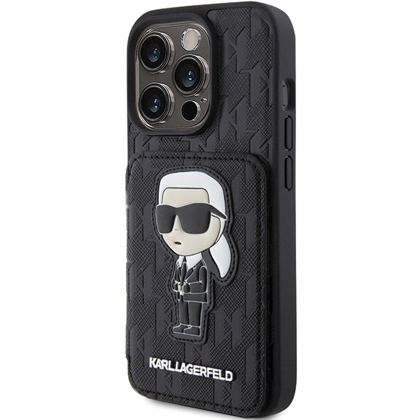 Θήκη για Apple iPhone 15 Pro Max, Karl Lagerfeld, Saffiano Cardslots and Stand Monogram Ikonik Karl, Μαύρη