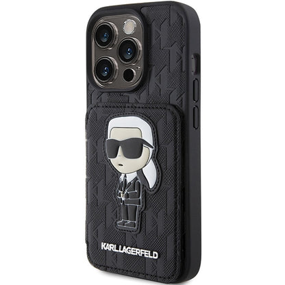 Θήκη για Apple iPhone 15 Pro Max, Karl Lagerfeld, Saffiano Cardslots and Stand Monogram Ikonik Karl, Μαύρη
