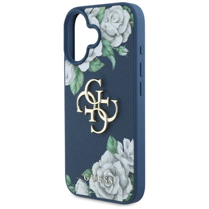 Θήκη για Apple iPhone 16, Guess, 4G Grained Roses Big Logo, Μπλε