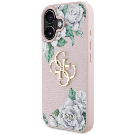 Case for Apple iPhone 16, Guess, 4G Grained Roses Big Logo, Pink