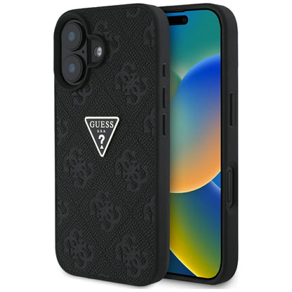 Case for Apple iPhone 16, Guess, Hot Stamp 4G Pattern Triangle Logo, Black