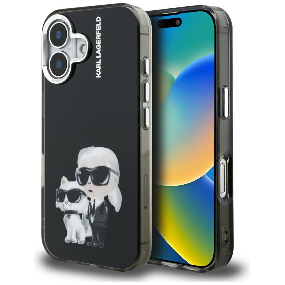 Θήκη για Apple iPhone 16, Karl Lagerfeld, IML Aquarelle Logo Karl & Choupette, Μαύρη