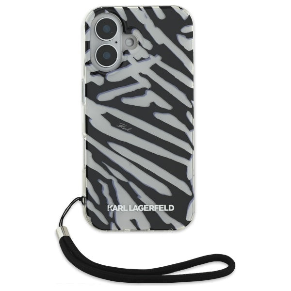 Θήκη για Apple iPhone 16, Karl Lagerfeld, IML Luxury Zebra Pattern with Strap, Μαύρη