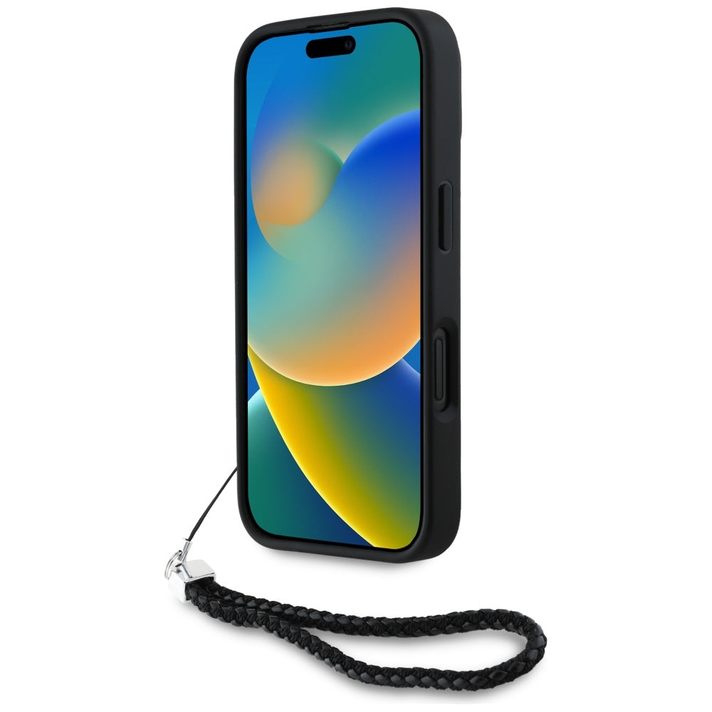 Case for Apple iPhone 16, Karl Lagerfeld, Quilted Initial Logo & Chain Strap, Black