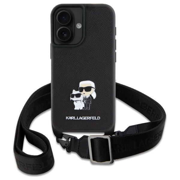 Θήκη για Apple iPhone 16, Karl Lagerfeld, Saffiano Crossbody Metal Pin Karl & Choupette, Λευκή