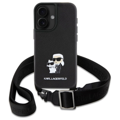Θήκη για Apple iPhone 16, Karl Lagerfeld, Saffiano Crossbody Metal Pin Karl & Choupette, Λευκή