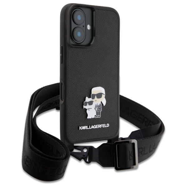 Θήκη για Apple iPhone 16, Karl Lagerfeld, Saffiano Crossbody Metal Pin Karl & Choupette, Λευκή