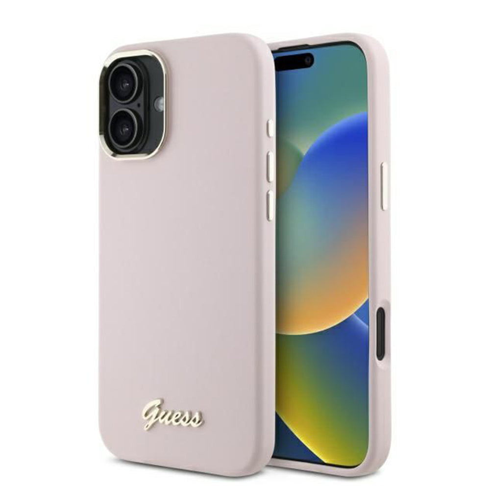 Θήκη για Apple iPhone 16 Plus, Guess, Script Metal Logo & Frame, Ροζ