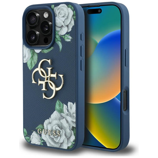 Θήκη για Apple iPhone 16 Pro, Guess, 4G Grained Roses Big Logo, Μπλε
