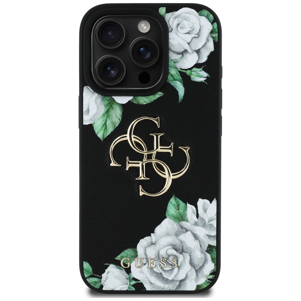 Θήκη για Apple iPhone 16 Pro, Guess, 4G Grained Roses Big Logo, Μαύρη