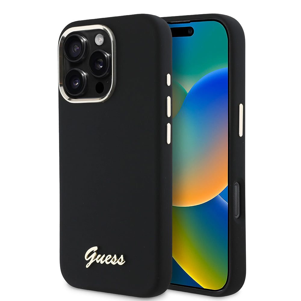 Θήκη για Apple iPhone 16 Pro, Guess, Script Metal Logo & Frame, Μαύρη