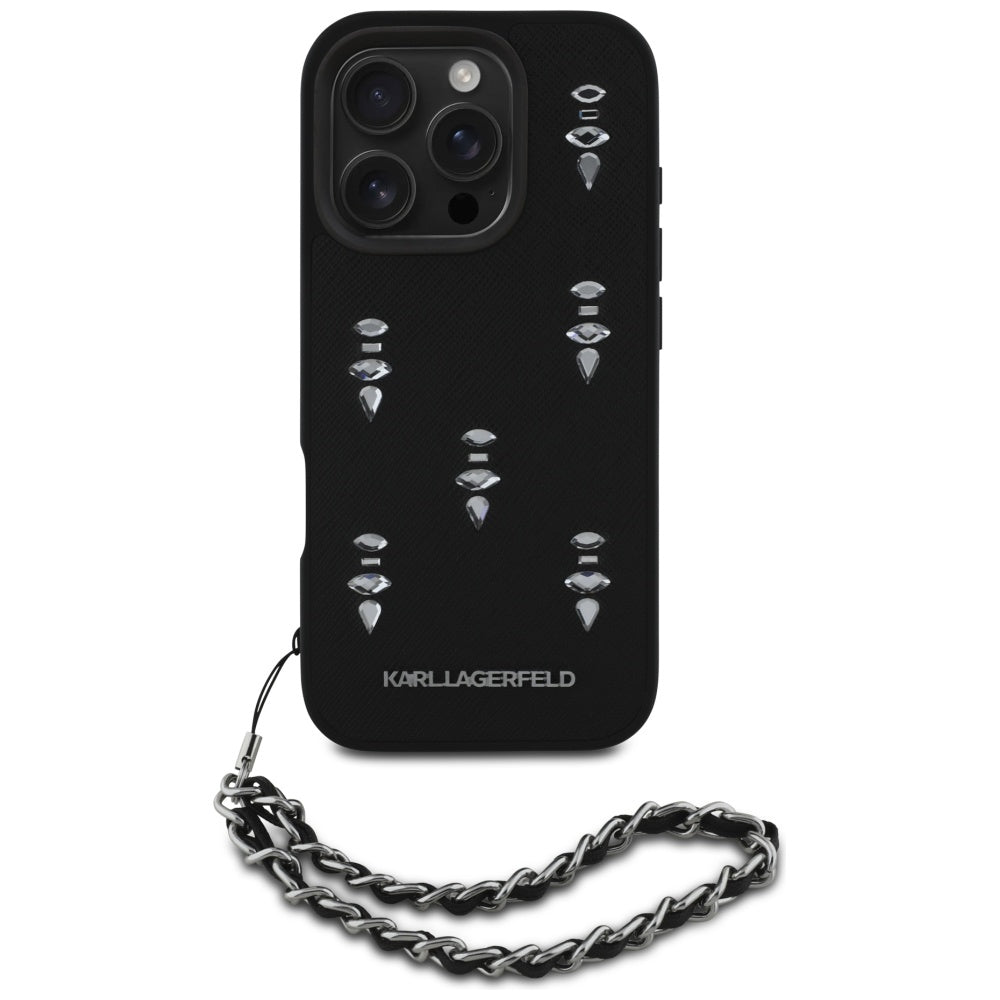 Θήκη για Apple iPhone 16 Pro, Karl Lagerfeld, Saffiano Crystals & Charm, Μαύρη