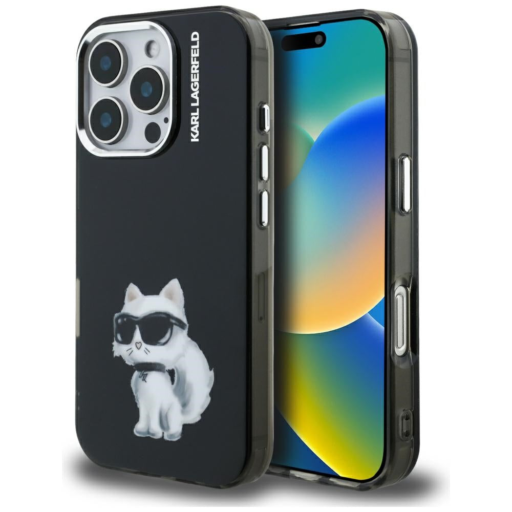 Θήκη για Apple iPhone 16 Pro Max, Karl Lagerfeld, IML Aquarelle Logo Choupette, Μαύρη