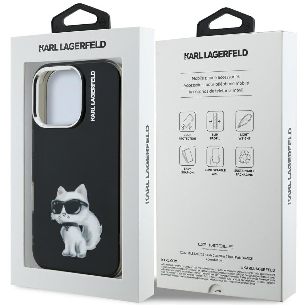Θήκη για Apple iPhone 16 Pro Max, Karl Lagerfeld, IML Aquarelle Logo Choupette, Μαύρη
