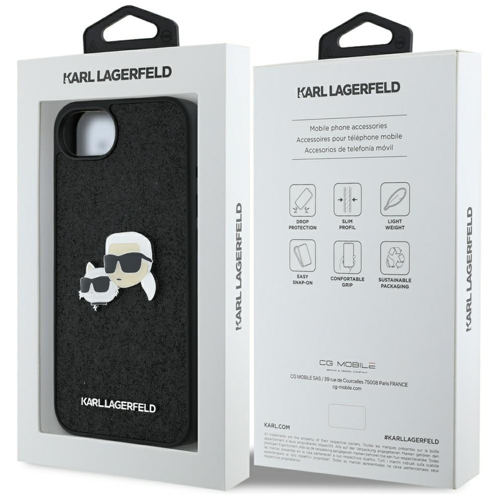 Θήκη για Apple iPhone 16e, Karl Lagerfeld, Glitter Fixed Karl & Choupette's Heads, Μπλε