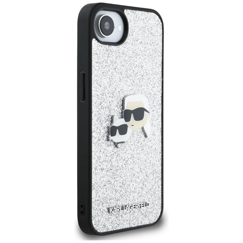 Case for Apple iPhone 16e, Karl Lagerfeld, Glitter Fixed Karl & Choupette's Heads, Silver