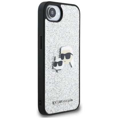 Case for Apple iPhone 16e, Karl Lagerfeld, Glitter Fixed Karl & Choupette's Heads, Silver