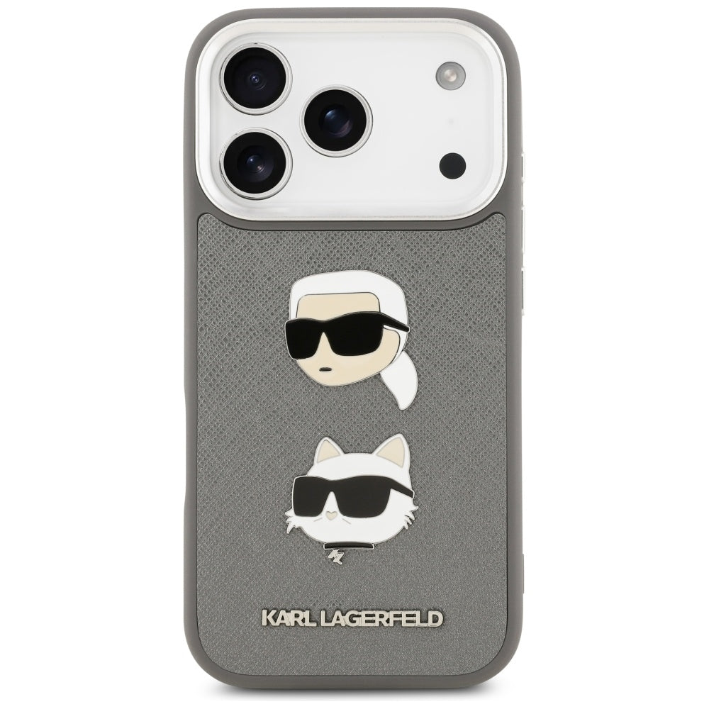 Θήκη για Apple iPhone 17 Pro, Karl Lagerfeld, Grained Karl & Choupette's Heads Pins and Logo, Γκρι