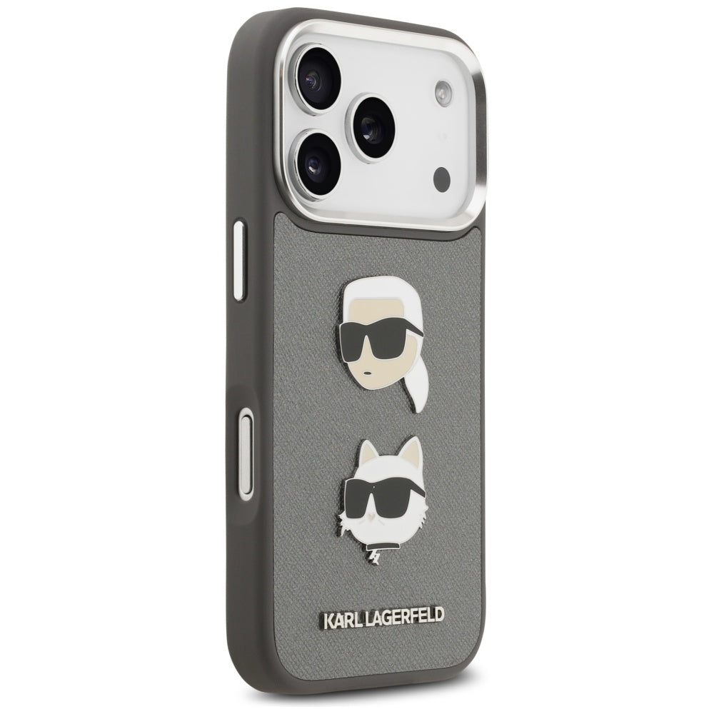 Θήκη για Apple iPhone 17 Pro, Karl Lagerfeld, Grained Karl & Choupette's Heads Pins and Logo, Γκρι