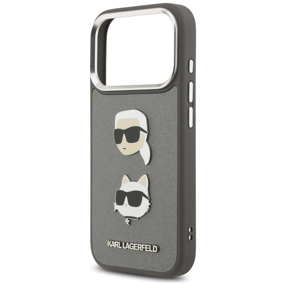 Θήκη για Apple iPhone 17 Pro, Karl Lagerfeld, Grained Karl & Choupette's Heads Pins and Logo, Γκρι