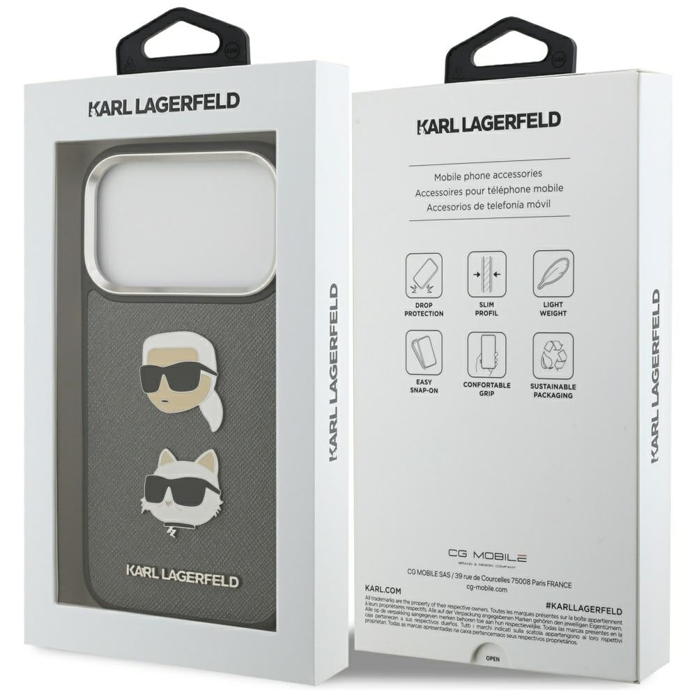 Θήκη για Apple iPhone 17 Pro, Karl Lagerfeld, Grained Karl & Choupette's Heads Pins and Logo, Γκρι