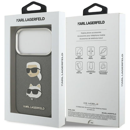 Θήκη για Apple iPhone 17 Pro, Karl Lagerfeld, Grained Karl & Choupette's Heads Pins and Logo, Γκρι
