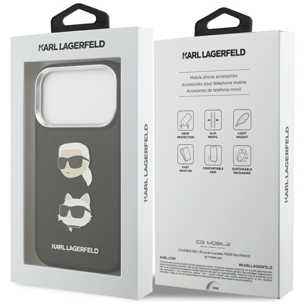 Θήκη για Apple iPhone 17 Pro, Karl Lagerfeld, Grained Karl & Choupette's Heads Pins and Logo, Μαύρη